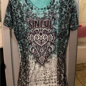 Sinful Teal Black Pink Graphic Lace-Print Short Sleeve Tee